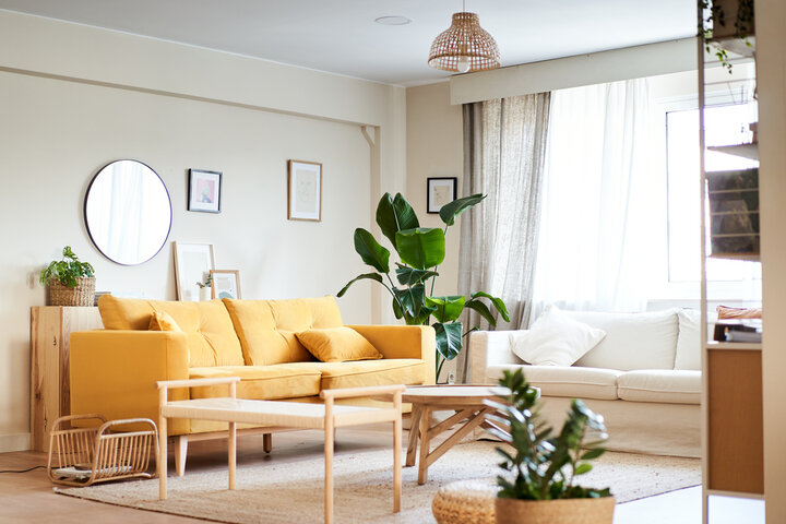 A living room with a yellow couch and a plant

AI-generated content may be incorrect.
