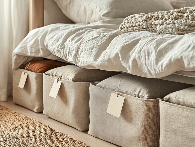 A bed with multiple baskets under it

AI-generated content may be incorrect.